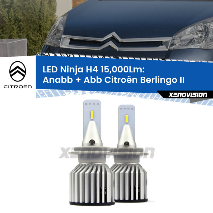 FINE SERIE: NO GARANZIA<strong>Kit anabbaglianti + abbaglianti LED per Citroën Berlingo</strong> II 2008 - 2017. Lampade <strong>H4</strong> Canbus da 15.000Lumen di luminosità modello Ninja Xenovision.LIQUIDAZIONE FINE SERIE: VENDUTO SENZA GARANZIA