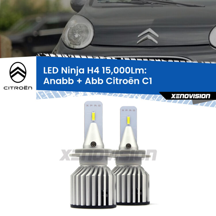 FINE SERIE: NO GARANZIA<strong>Kit anabbaglianti + abbaglianti LED per Citroën C1</strong>  2005 - 2013. Lampade <strong>H4</strong> Canbus da 15.000Lumen di luminosità modello Ninja Xenovision.LIQUIDAZIONE FINE SERIE: VENDUTO SENZA GARANZIA