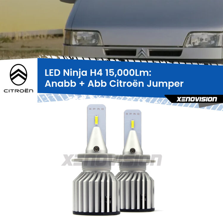 FINE SERIE: NO GARANZIA<strong>Kit anabbaglianti + abbaglianti LED per Citroën Jumper</strong>  1994 - 2002. Lampade <strong>H4</strong> Canbus da 15.000Lumen di luminosità modello Ninja Xenovision.LIQUIDAZIONE FINE SERIE: VENDUTO SENZA GARANZIA