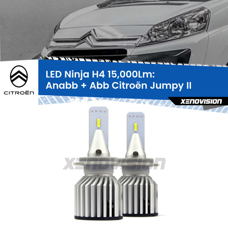 FINE SERIE: NO GARANZIA<strong>Kit anabbaglianti + abbaglianti LED per Citroën Jumpy</strong> II 2006 - 2015. Lampade <strong>H4</strong> Canbus da 15.000Lumen di luminosità modello Ninja Xenovision.LIQUIDAZIONE FINE SERIE: VENDUTO SENZA GARANZIA