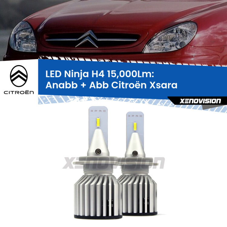 FINE SERIE: NO GARANZIA<strong>Kit anabbaglianti + abbaglianti LED per Citroën Xsara</strong>  a parabola singola. Lampade <strong>H4</strong> Canbus da 15.000Lumen di luminosità modello Ninja Xenovision.LIQUIDAZIONE FINE SERIE: VENDUTO SENZA GARANZIA