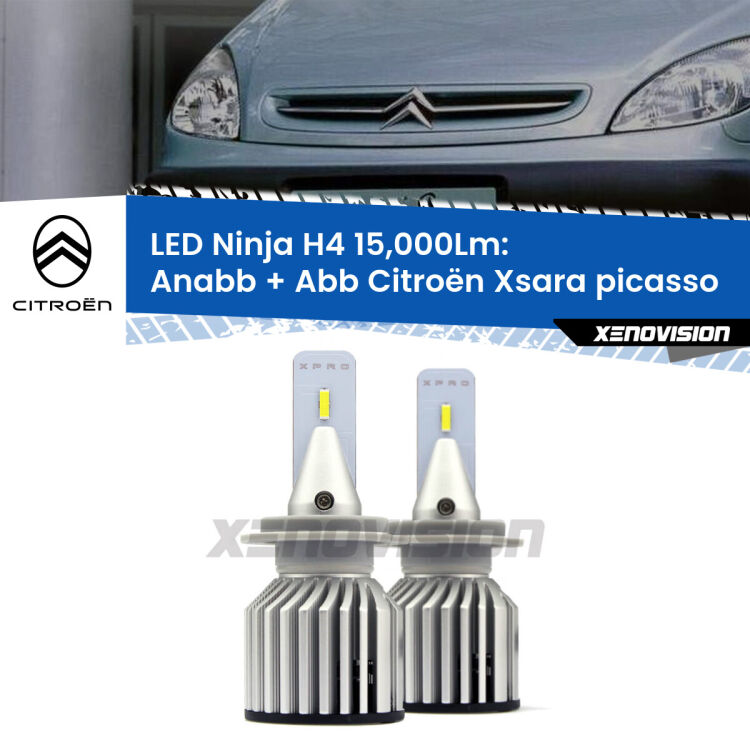 FINE SERIE: NO GARANZIA<strong>Kit anabbaglianti + abbaglianti LED per Citroën Xsara picasso</strong>  1999 - 2012. Lampade <strong>H4</strong> Canbus da 15.000Lumen di luminosità modello Ninja Xenovision.LIQUIDAZIONE FINE SERIE: VENDUTO SENZA GARANZIA