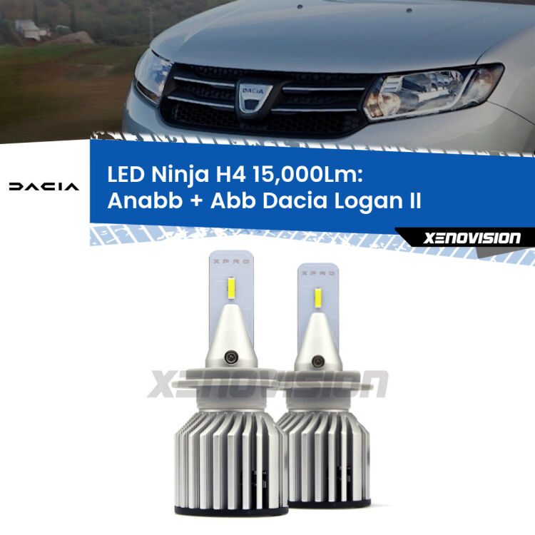 FINE SERIE: NO GARANZIA<strong>Kit anabbaglianti + abbaglianti LED per Dacia Logan</strong> II a parabola singola. Lampade <strong>H4</strong> Canbus da 15.000Lumen di luminosità modello Ninja Xenovision.LIQUIDAZIONE FINE SERIE: VENDUTO SENZA GARANZIA