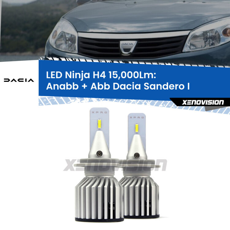 FINE SERIE: NO GARANZIA<strong>Kit anabbaglianti + abbaglianti LED per Dacia Sandero I</strong>  2008 - 2012. Lampade <strong>H4</strong> Canbus da 15.000Lumen di luminosità modello Ninja Xenovision.LIQUIDAZIONE FINE SERIE: VENDUTO SENZA GARANZIA