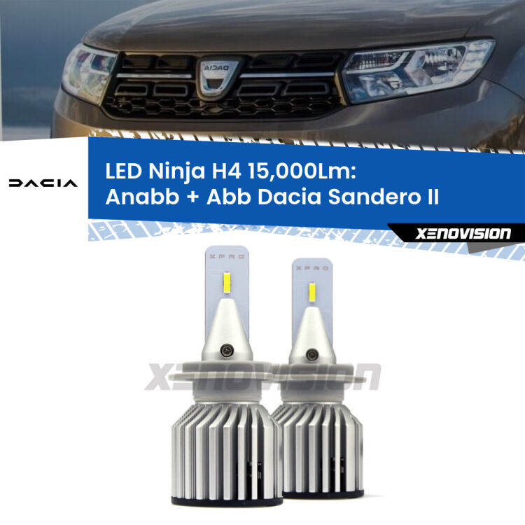 FINE SERIE: NO GARANZIA<strong>Kit anabbaglianti + abbaglianti LED per Dacia Sandero II</strong>  a parabola singola. Lampade <strong>H4</strong> Canbus da 15.000Lumen di luminosità modello Ninja Xenovision.LIQUIDAZIONE FINE SERIE: VENDUTO SENZA GARANZIA