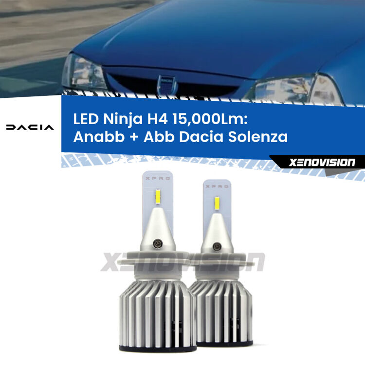 FINE SERIE: NO GARANZIA<strong>Kit anabbaglianti + abbaglianti LED per Dacia Solenza</strong>  2003 in poi. Lampade <strong>H4</strong> Canbus da 15.000Lumen di luminosità modello Ninja Xenovision.LIQUIDAZIONE FINE SERIE: VENDUTO SENZA GARANZIA