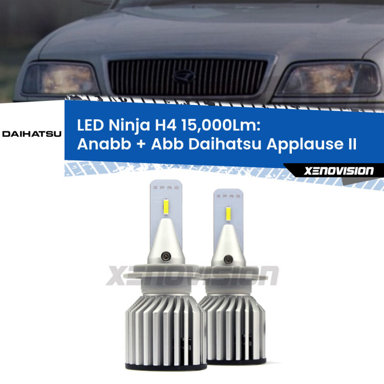 FINE SERIE: NO GARANZIA<strong>Kit anabbaglianti + abbaglianti LED per Daihatsu Applause</strong> II 1997 - 2000. Lampade <strong>H4</strong> Canbus da 15.000Lumen di luminosità modello Ninja Xenovision.LIQUIDAZIONE FINE SERIE: VENDUTO SENZA GARANZIA