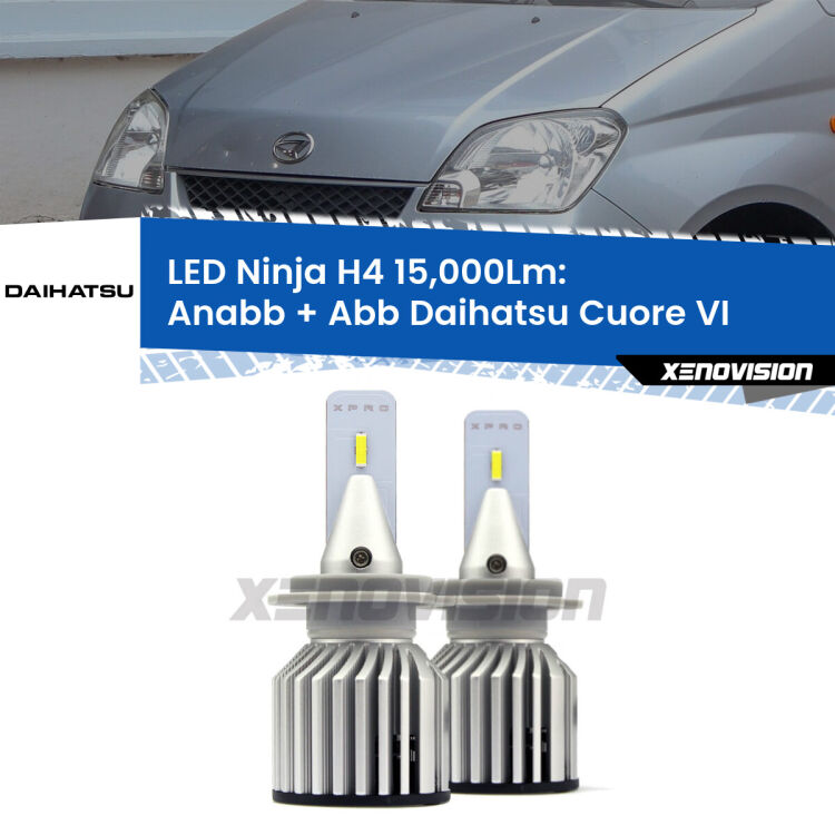 FINE SERIE: NO GARANZIA<strong>Kit anabbaglianti + abbaglianti LED per Daihatsu Cuore VI</strong>  2003 - 2007. Lampade <strong>H4</strong> Canbus da 15.000Lumen di luminosità modello Ninja Xenovision.LIQUIDAZIONE FINE SERIE: VENDUTO SENZA GARANZIA