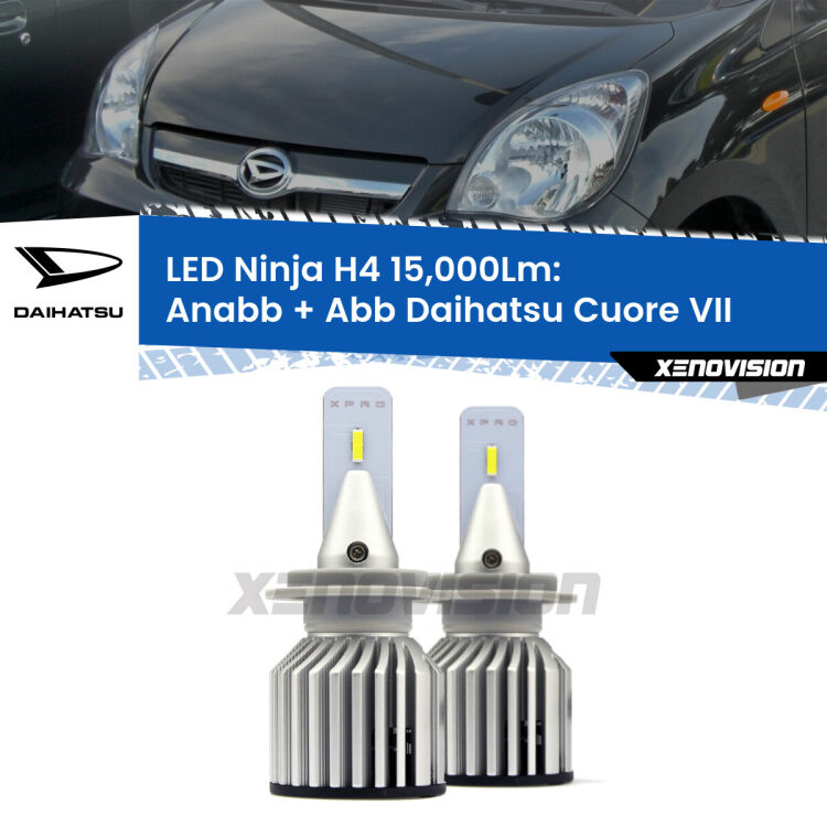 FINE SERIE: NO GARANZIA<strong>Kit anabbaglianti + abbaglianti LED per Daihatsu Cuore VII</strong>  2007 - 2018. Lampade <strong>H4</strong> Canbus da 15.000Lumen di luminosità modello Ninja Xenovision.LIQUIDAZIONE FINE SERIE: VENDUTO SENZA GARANZIA