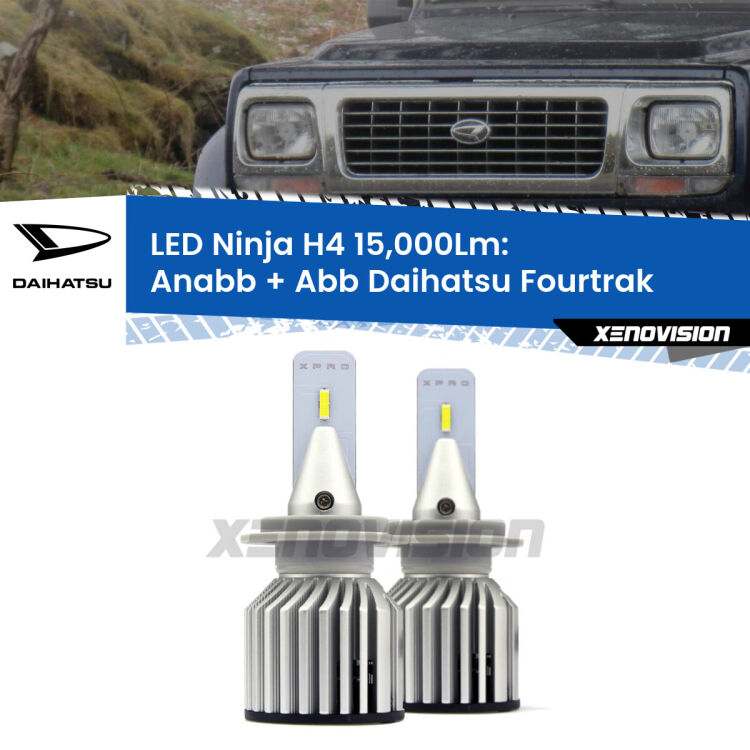 FINE SERIE: NO GARANZIA<strong>Kit anabbaglianti + abbaglianti LED per Daihatsu Fourtrak</strong>  1985 - 1998. Lampade <strong>H4</strong> Canbus da 15.000Lumen di luminosità modello Ninja Xenovision.LIQUIDAZIONE FINE SERIE: VENDUTO SENZA GARANZIA