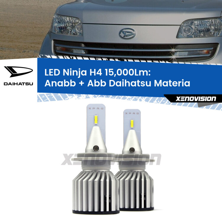 FINE SERIE: NO GARANZIA<strong>Kit anabbaglianti + abbaglianti LED per Daihatsu Materia</strong>  2006 in poi. Lampade <strong>H4</strong> Canbus da 15.000Lumen di luminosità modello Ninja Xenovision.LIQUIDAZIONE FINE SERIE: VENDUTO SENZA GARANZIA