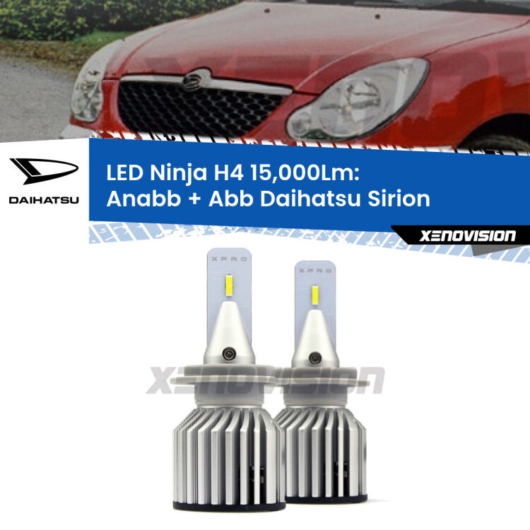 FINE SERIE: NO GARANZIA<strong>Kit anabbaglianti + abbaglianti LED per Daihatsu Sirion</strong>  2005 - 2008. Lampade <strong>H4</strong> Canbus da 15.000Lumen di luminosità modello Ninja Xenovision.LIQUIDAZIONE FINE SERIE: VENDUTO SENZA GARANZIA