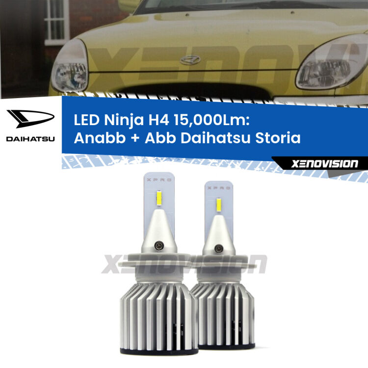 FINE SERIE: NO GARANZIA<strong>Kit anabbaglianti + abbaglianti LED per Daihatsu Storia</strong>  1998 - 2005. Lampade <strong>H4</strong> Canbus da 15.000Lumen di luminosità modello Ninja Xenovision.LIQUIDAZIONE FINE SERIE: VENDUTO SENZA GARANZIA