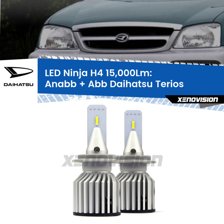 FINE SERIE: NO GARANZIA<strong>Kit anabbaglianti + abbaglianti LED per Daihatsu Terios</strong>  1997 - 2005. Lampade <strong>H4</strong> Canbus da 15.000Lumen di luminosità modello Ninja Xenovision.LIQUIDAZIONE FINE SERIE: VENDUTO SENZA GARANZIA