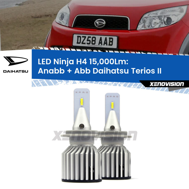 FINE SERIE: NO GARANZIA<strong>Kit anabbaglianti + abbaglianti LED per Daihatsu Terios</strong> II a parabola singola. Lampade <strong>H4</strong> Canbus da 15.000Lumen di luminosità modello Ninja Xenovision.LIQUIDAZIONE FINE SERIE: VENDUTO SENZA GARANZIA