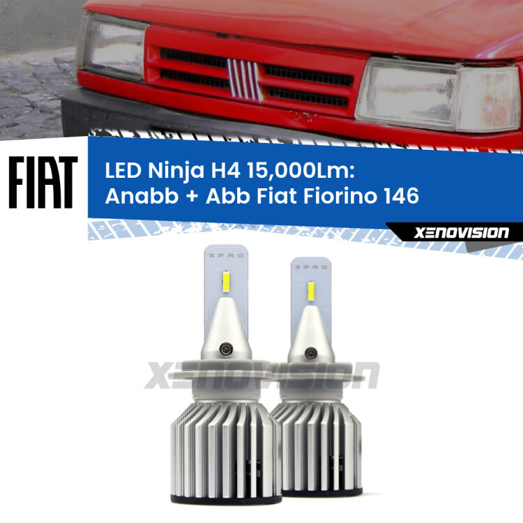 FINE SERIE: NO GARANZIA<strong>Kit anabbaglianti + abbaglianti LED per Fiat Fiorino</strong> 146 1988 - 2001. Lampade <strong>H4</strong> Canbus da 15.000Lumen di luminosità modello Ninja Xenovision.LIQUIDAZIONE FINE SERIE: VENDUTO SENZA GARANZIA