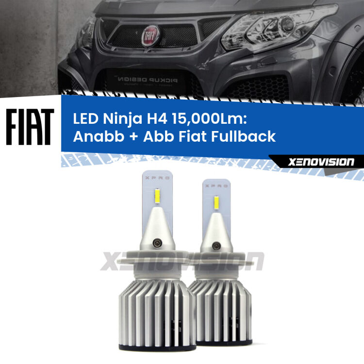 FINE SERIE: NO GARANZIA<strong>Kit anabbaglianti + abbaglianti LED per Fiat Fullback</strong>  2016 - 2019. Lampade <strong>H4</strong> Canbus da 15.000Lumen di luminosità modello Ninja Xenovision.LIQUIDAZIONE FINE SERIE: VENDUTO SENZA GARANZIA