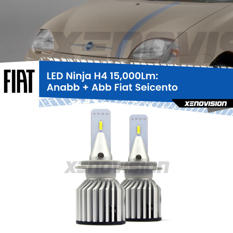 FINE SERIE: NO GARANZIA<strong>Kit anabbaglianti + abbaglianti LED per Fiat Seicento</strong>  1998 - 2010. Lampade <strong>H4</strong> Canbus da 15.000Lumen di luminosità modello Ninja Xenovision.LIQUIDAZIONE FINE SERIE: VENDUTO SENZA GARANZIA