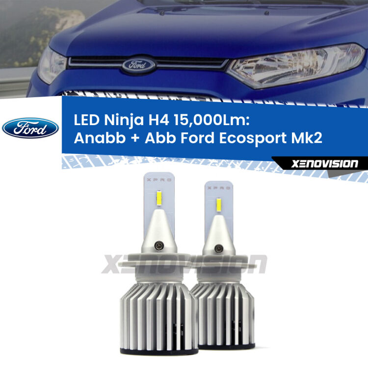 FINE SERIE: NO GARANZIA<strong>Kit anabbaglianti + abbaglianti LED per Ford Ecosport</strong> Mk2 1ª serie. Lampade <strong>H4</strong> Canbus da 15.000Lumen di luminosità modello Ninja Xenovision.LIQUIDAZIONE FINE SERIE: VENDUTO SENZA GARANZIA