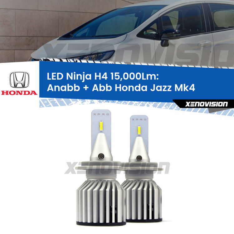 FINE SERIE: NO GARANZIA<strong>Kit anabbaglianti + abbaglianti LED per Honda Jazz</strong> Mk4 2013 - 2019. Lampade <strong>H4</strong> Canbus da 15.000Lumen di luminosità modello Ninja Xenovision.LIQUIDAZIONE FINE SERIE: VENDUTO SENZA GARANZIA