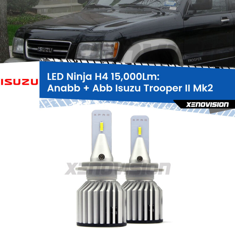 FINE SERIE: NO GARANZIA<strong>Kit anabbaglianti + abbaglianti LED per Isuzu Trooper II</strong> Mk2 1991 - 2002. Lampade <strong>H4</strong> Canbus da 15.000Lumen di luminosità modello Ninja Xenovision.LIQUIDAZIONE FINE SERIE: VENDUTO SENZA GARANZIA