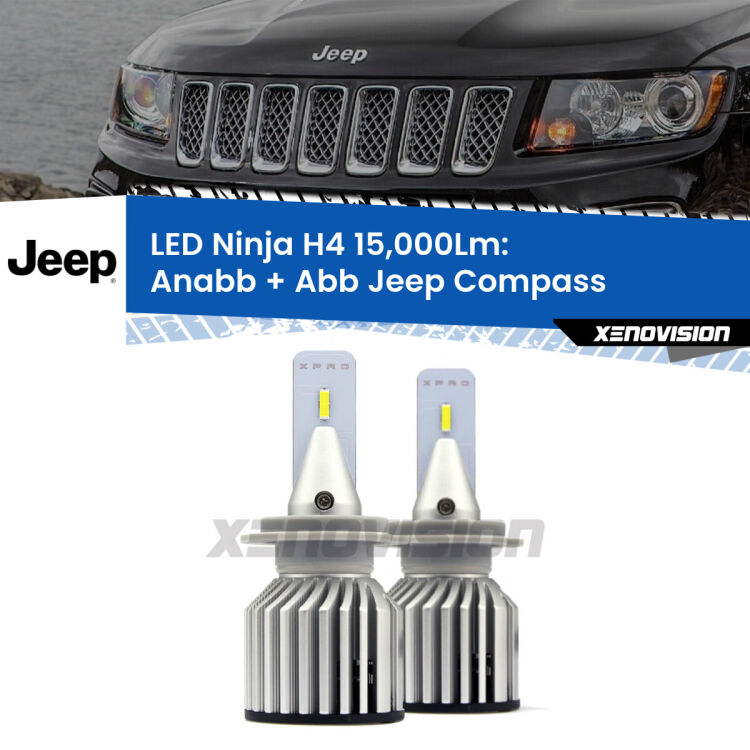 FINE SERIE: NO GARANZIA<strong>Kit anabbaglianti + abbaglianti LED per Jeep Compass</strong>  2006 - 2010. Lampade <strong>H4</strong> Canbus da 15.000Lumen di luminosità modello Ninja Xenovision.LIQUIDAZIONE FINE SERIE: VENDUTO SENZA GARANZIA