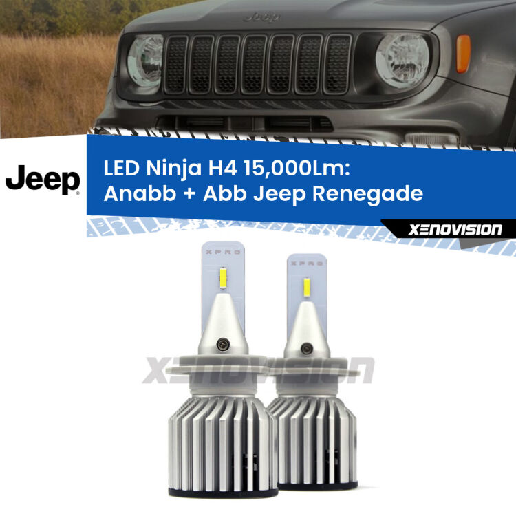 FINE SERIE: NO GARANZIA<strong>Kit anabbaglianti + abbaglianti LED per Jeep Renegade</strong>  2014 in poi. Lampade <strong>H4</strong> Canbus da 15.000Lumen di luminosità modello Ninja Xenovision.LIQUIDAZIONE FINE SERIE: VENDUTO SENZA GARANZIA