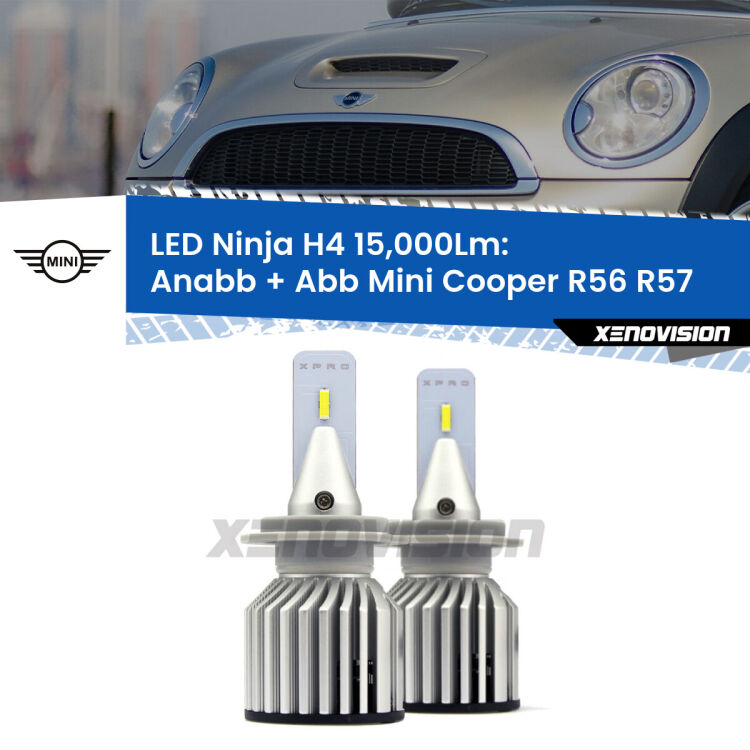 FINE SERIE: NO GARANZIA<strong>Kit anabbaglianti + abbaglianti LED per Mini Cooper</strong> R56 R57 2006 - 2013. Lampade <strong>H4</strong> Canbus da 15.000Lumen di luminosità modello Ninja Xenovision.LIQUIDAZIONE FINE SERIE: VENDUTO SENZA GARANZIA