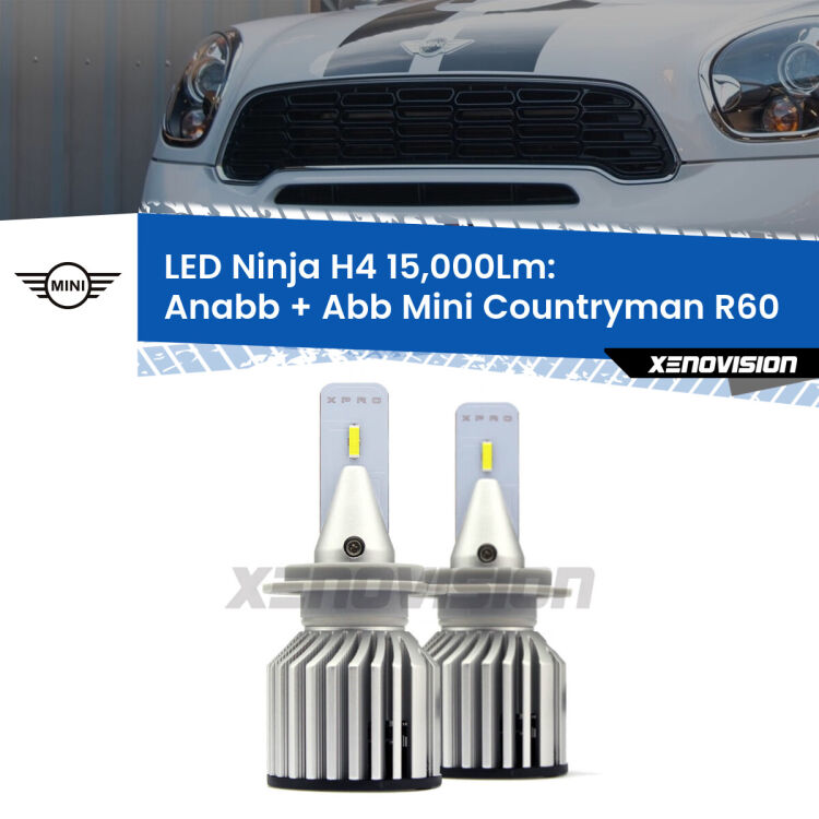 FINE SERIE: NO GARANZIA<strong>Kit anabbaglianti + abbaglianti LED per Mini Countryman</strong> R60 2010 - 2016. Lampade <strong>H4</strong> Canbus da 15.000Lumen di luminosità modello Ninja Xenovision.LIQUIDAZIONE FINE SERIE: VENDUTO SENZA GARANZIA