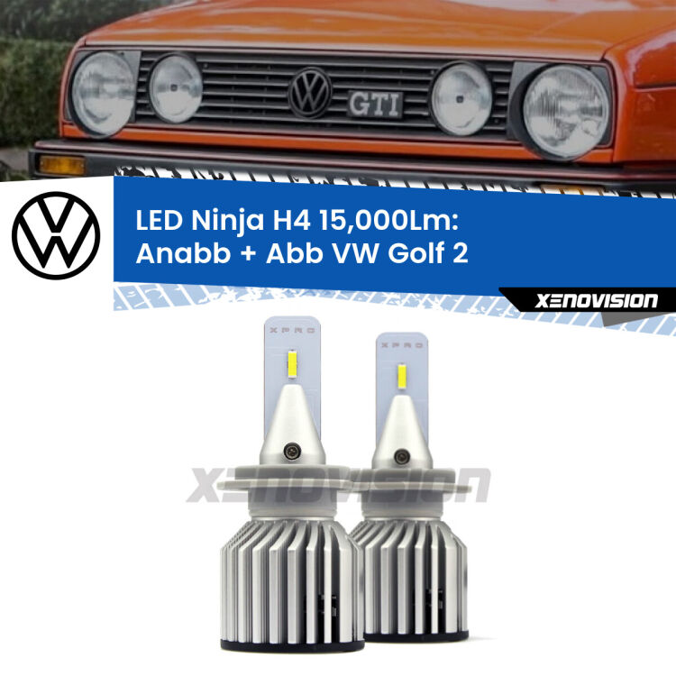 FINE SERIE: NO GARANZIA<strong>Kit anabbaglianti + abbaglianti LED per VW Golf 2</strong>  1983 - 1990. Lampade <strong>H4</strong> Canbus da 15.000Lumen di luminosità modello Ninja Xenovision.LIQUIDAZIONE FINE SERIE: VENDUTO SENZA GARANZIA