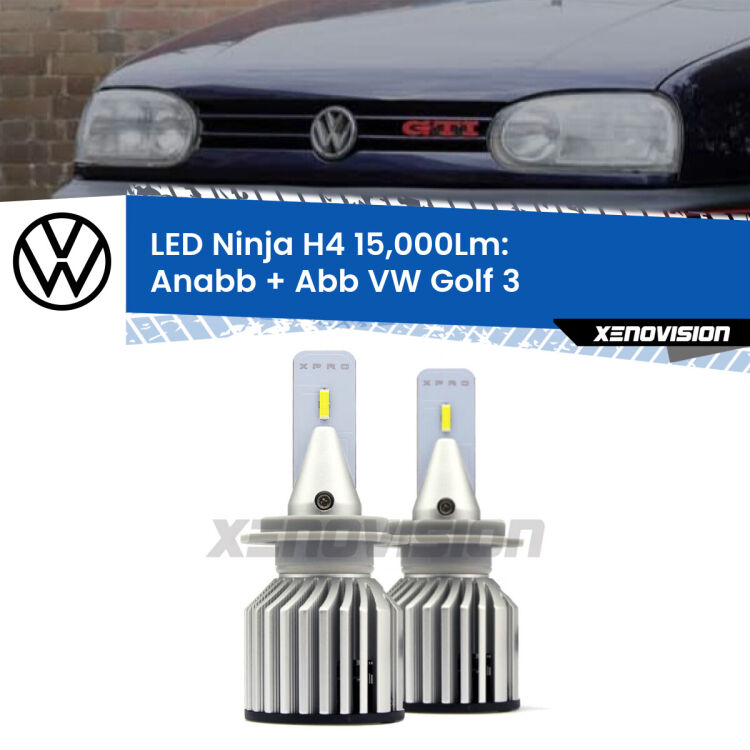 FINE SERIE: NO GARANZIA<strong>Kit anabbaglianti + abbaglianti LED per VW Golf 3</strong>  a parabola singola. Lampade <strong>H4</strong> Canbus da 15.000Lumen di luminosità modello Ninja Xenovision.LIQUIDAZIONE FINE SERIE: VENDUTO SENZA GARANZIA