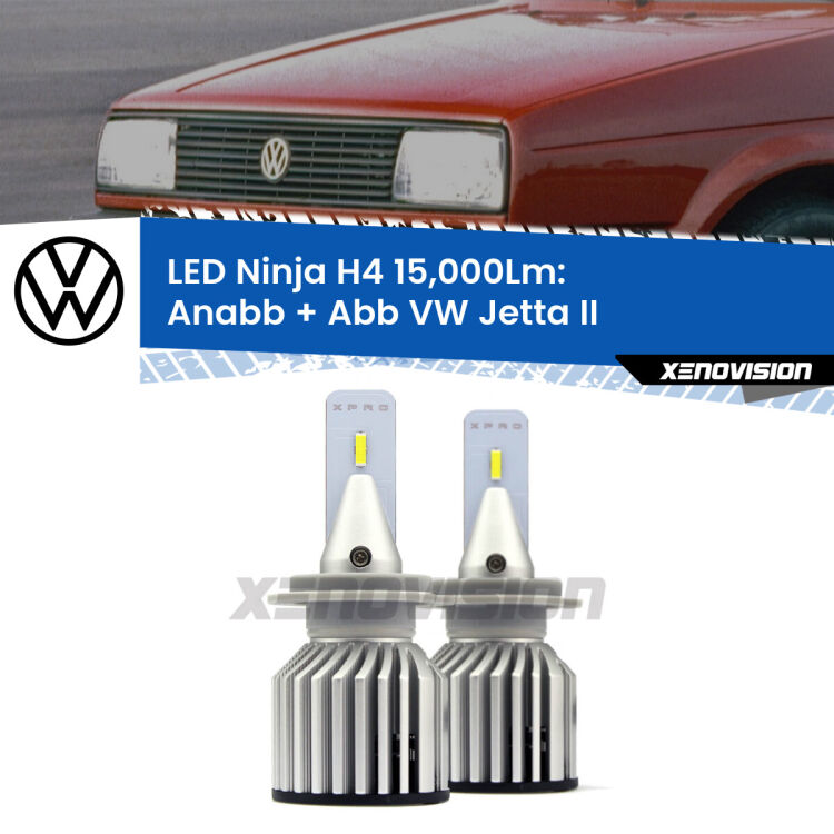 FINE SERIE: NO GARANZIA<strong>Kit anabbaglianti + abbaglianti LED per VW Jetta</strong> II 1984 - 1992. Lampade <strong>H4</strong> Canbus da 15.000Lumen di luminosità modello Ninja Xenovision.LIQUIDAZIONE FINE SERIE: VENDUTO SENZA GARANZIA