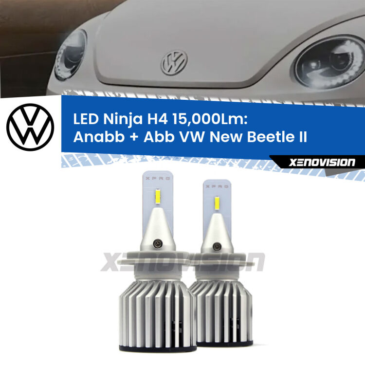 FINE SERIE: NO GARANZIA<strong>Kit anabbaglianti + abbaglianti LED per VW New Beetle</strong> II 2011 - 2019. Lampade <strong>H4</strong> Canbus da 15.000Lumen di luminosità modello Ninja Xenovision.LIQUIDAZIONE FINE SERIE: VENDUTO SENZA GARANZIA