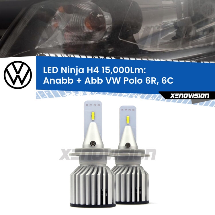 FINE SERIE: NO GARANZIA<strong>Kit anabbaglianti + abbaglianti LED per VW Polo</strong> 6R, 6C 6R monolampada. Lampade <strong>H4</strong> Canbus da 15.000Lumen di luminosità modello Ninja Xenovision.LIQUIDAZIONE FINE SERIE: VENDUTO SENZA GARANZIA