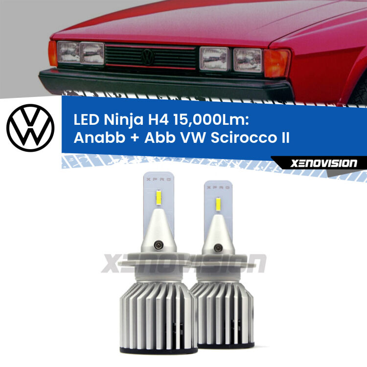 FINE SERIE: NO GARANZIA<strong>Kit anabbaglianti + abbaglianti LED per VW Scirocco</strong> II 1980 - 1992. Lampade <strong>H4</strong> Canbus da 15.000Lumen di luminosità modello Ninja Xenovision.LIQUIDAZIONE FINE SERIE: VENDUTO SENZA GARANZIA