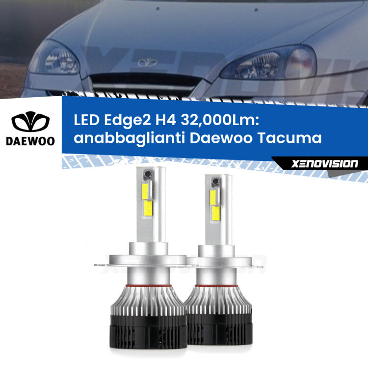 <p><strong>Kit anabbaglianti LED H4 per Daewoo Tacuma</strong>  2000 - 2005. </strong>Potenza smisurata, taglio di luce perfetto. Super canbus. Qualità Massima.</p>