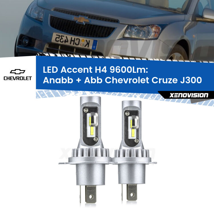 <strong>Kit LED per anabbaglianti + abbaglianti Cruze</strong> J300 2009 - 2019.</strong> Coppia lampade <strong>H4</strong> doppia intensità senza ventola e ultracompatte per installazioni in fari senza spazi.