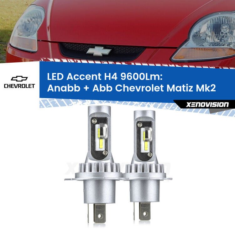 <strong>Kit LED per anabbaglianti + abbaglianti Matiz</strong> Mk2 2005 - 2011.</strong> Coppia lampade <strong>H4</strong> doppia intensità senza ventola e ultracompatte per installazioni in fari senza spazi.