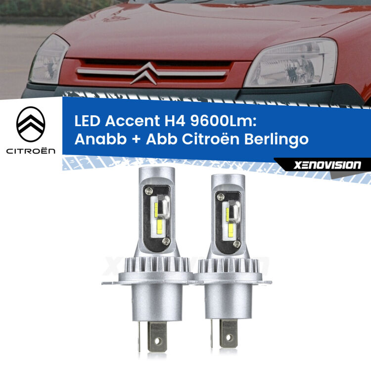 <strong>Kit LED per anabbaglianti + abbaglianti Berlingo</strong>  1996 - 2007.</strong> Coppia lampade <strong>H4</strong> doppia intensità senza ventola e ultracompatte per installazioni in fari senza spazi.