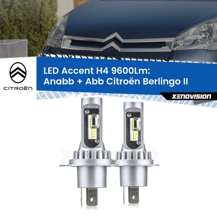 <strong>Kit LED per anabbaglianti + abbaglianti Berlingo</strong> II 2008 - 2017.</strong> Coppia lampade <strong>H4</strong> doppia intensità senza ventola e ultracompatte per installazioni in fari senza spazi.