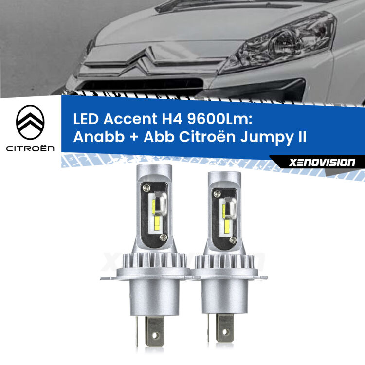 <strong>Kit LED per anabbaglianti + abbaglianti Jumpy</strong> II 2006 - 2015.</strong> Coppia lampade <strong>H4</strong> doppia intensità senza ventola e ultracompatte per installazioni in fari senza spazi.