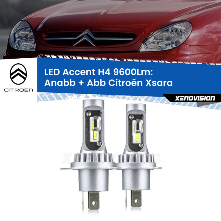 <strong>Kit LED per anabbaglianti + abbaglianti Xsara</strong>  a parabola singola.</strong> Coppia lampade <strong>H4</strong> doppia intensità senza ventola e ultracompatte per installazioni in fari senza spazi.