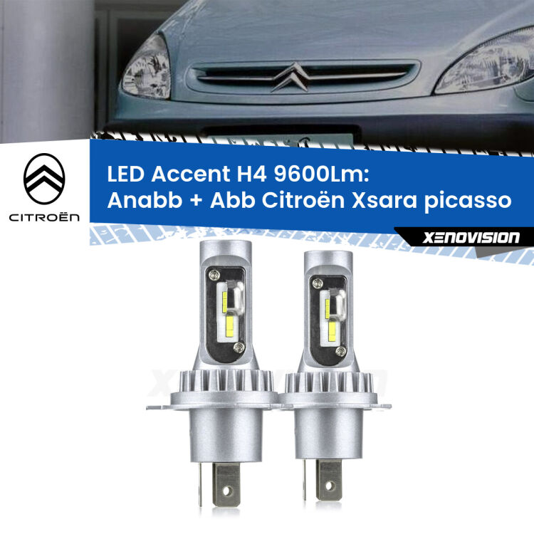 <strong>Kit LED per anabbaglianti + abbaglianti Xsara picasso</strong>  1999 - 2012.</strong> Coppia lampade <strong>H4</strong> doppia intensità senza ventola e ultracompatte per installazioni in fari senza spazi.