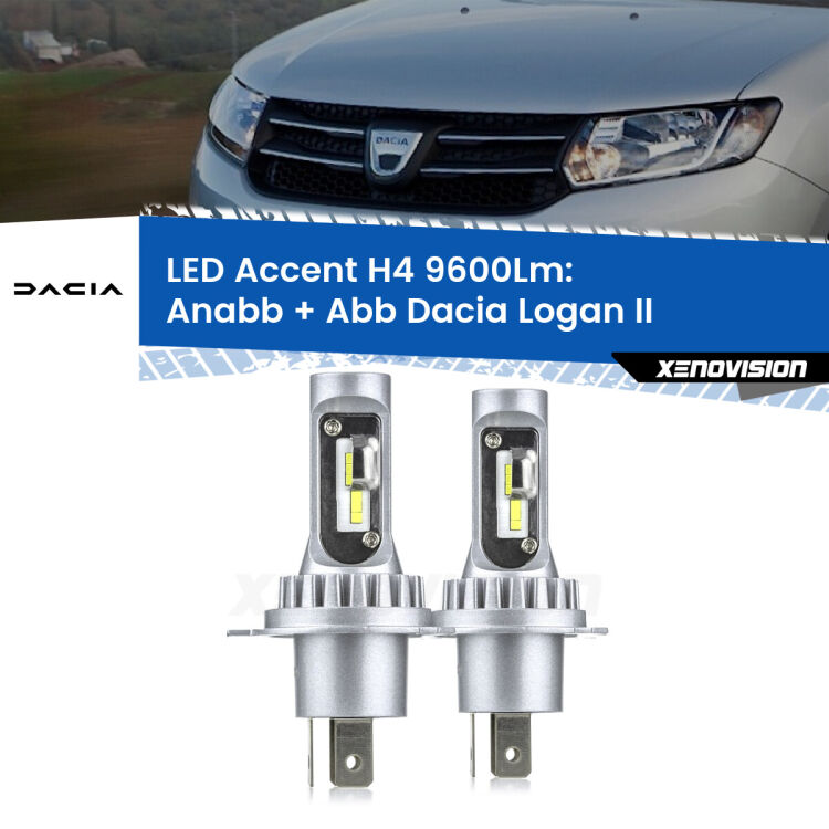 <strong>Kit LED per anabbaglianti + abbaglianti Logan</strong> II a parabola singola.</strong> Coppia lampade <strong>H4</strong> doppia intensità senza ventola e ultracompatte per installazioni in fari senza spazi.