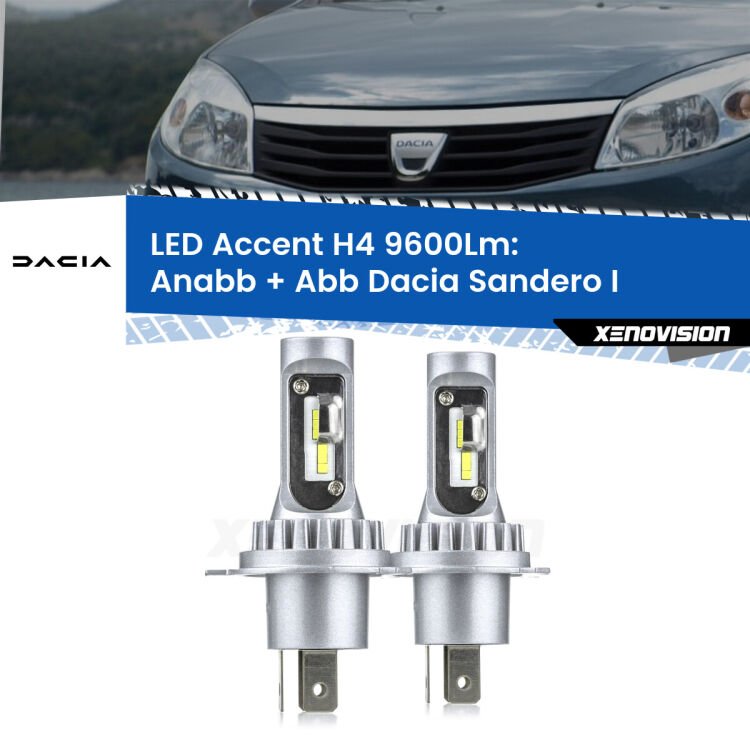 <strong>Kit LED per anabbaglianti + abbaglianti Sandero I</strong>  2008 - 2012.</strong> Coppia lampade <strong>H4</strong> doppia intensità senza ventola e ultracompatte per installazioni in fari senza spazi.