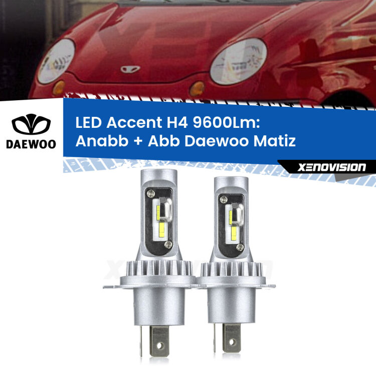 <strong>Kit LED per anabbaglianti + abbaglianti Matiz</strong>  1998 - 2005.</strong> Coppia lampade <strong>H4</strong> doppia intensità senza ventola e ultracompatte per installazioni in fari senza spazi.