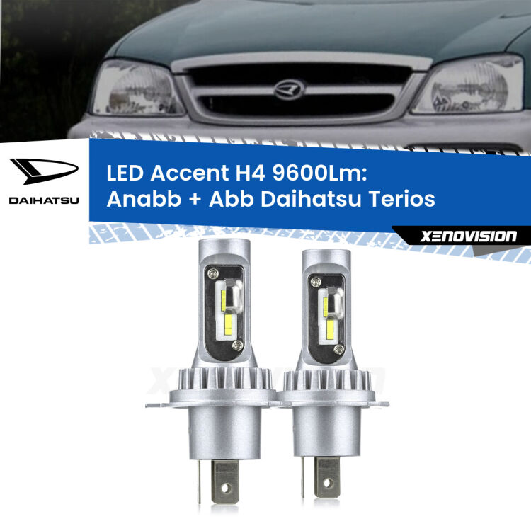 <strong>Kit LED per anabbaglianti + abbaglianti Terios</strong>  1997 - 2005.</strong> Coppia lampade <strong>H4</strong> doppia intensità senza ventola e ultracompatte per installazioni in fari senza spazi.