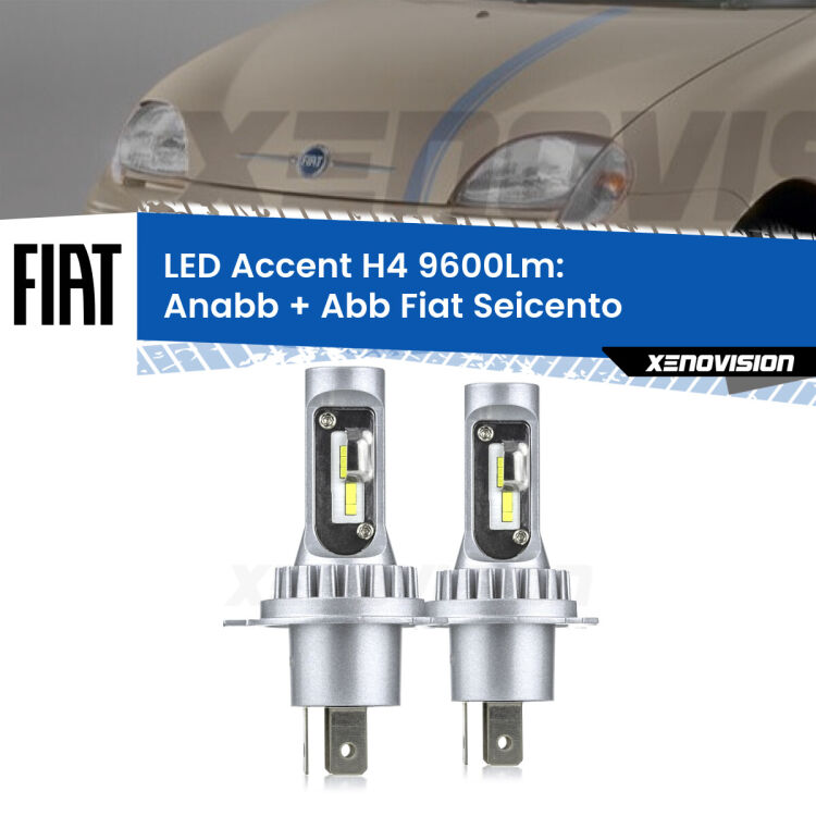 <strong>Kit LED per anabbaglianti + abbaglianti Seicento</strong>  1998 - 2010.</strong> Coppia lampade <strong>H4</strong> doppia intensità senza ventola e ultracompatte per installazioni in fari senza spazi.