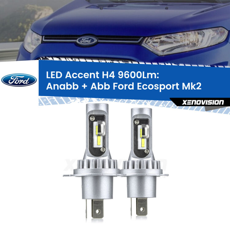 <strong>Kit LED per anabbaglianti + abbaglianti Ecosport</strong> Mk2 1ª serie.</strong> Coppia lampade <strong>H4</strong> doppia intensità senza ventola e ultracompatte per installazioni in fari senza spazi.