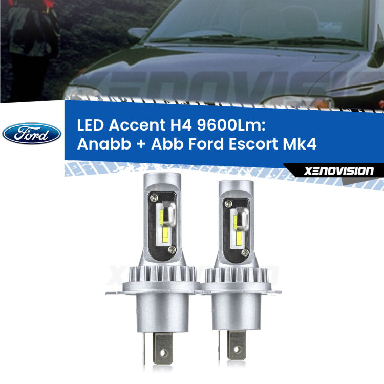 <strong>Kit LED per anabbaglianti + abbaglianti Escort</strong> Mk4 1990 - 2000.</strong> Coppia lampade <strong>H4</strong> doppia intensità senza ventola e ultracompatte per installazioni in fari senza spazi.